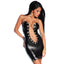 This Saresia Wet Look Plunging Criss-Cross Chain Dress has a criss-cross ornamental chain over an ultra-deep plunging neckline in figure-hugging wet look material for a provocative look. Front.