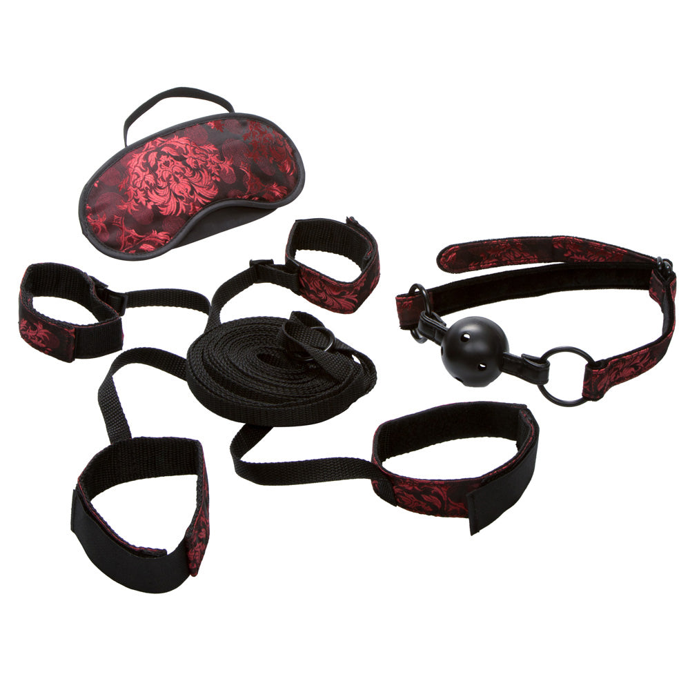 Scandal - Bed Restraint Kit - BDSM kit includes cross-style bed restraints that fit up to a California King mattress, plus an eye mask blindfold & breathable ball gag for more control. 2