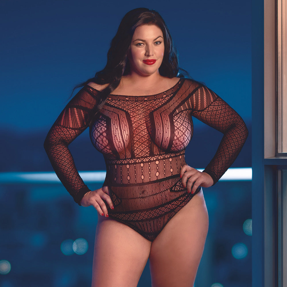Scandal - Off The Shoulder Body Suit - Curvy. This plus-sized bodysuit has a geometric design to emphasise key areas of your curvy figure & exposes your collarbones & shoulders. Black