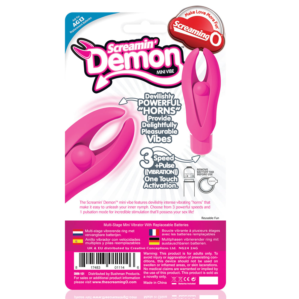 Screaming O - Screamin' Demon Mini Vibe -flexible 'horns' that transfer vibrations to their tips. 3 speeds and 1 pulse mode. packet info