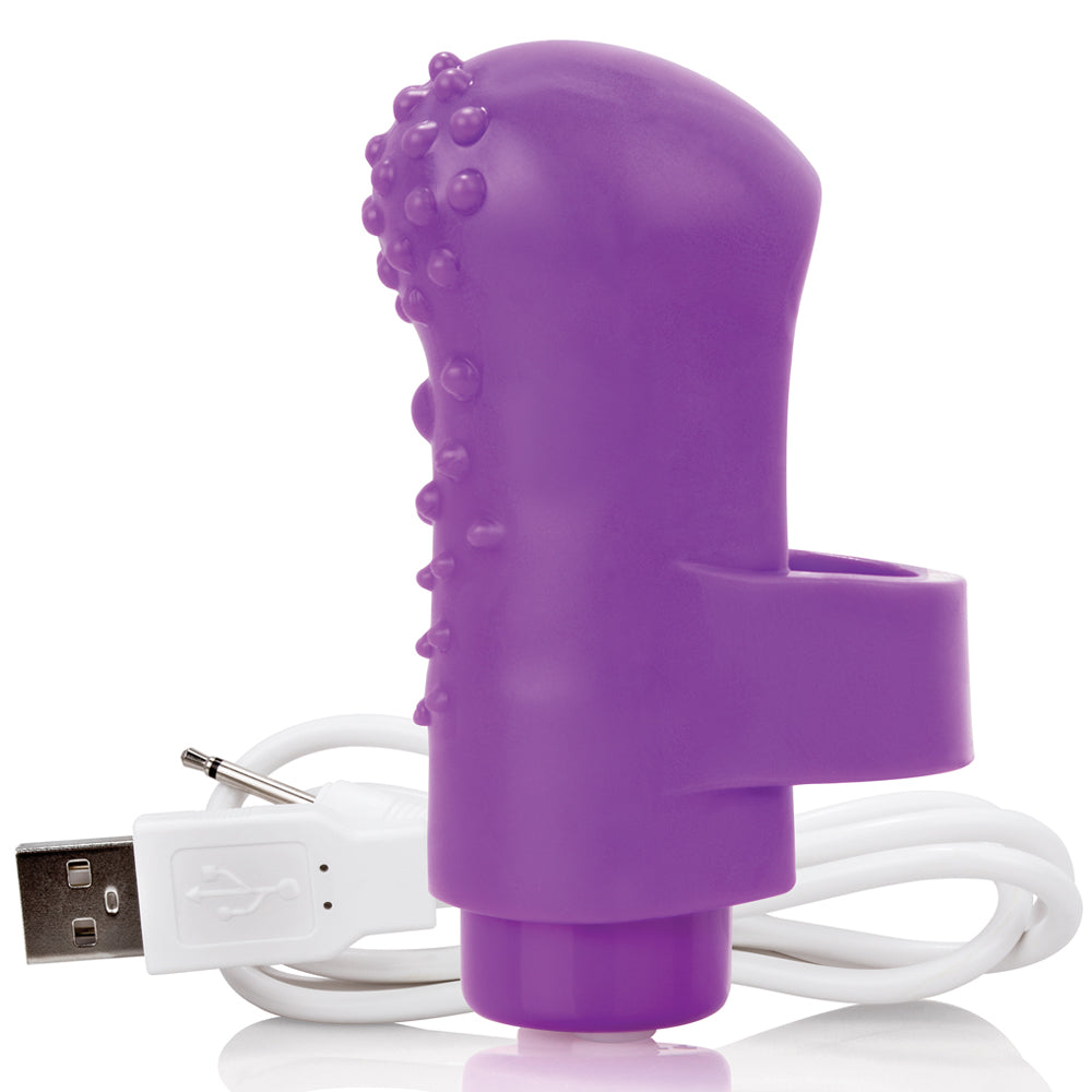 This mini finger vibrator is textured for more stimulation & has 10 deep Vooom vibration modes for solo or partnered pleasure. Purple.