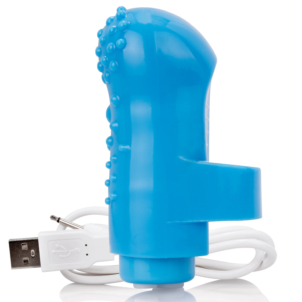 This mini finger vibrator is textured for more stimulation & has 10 deep Vooom vibration modes for solo or partnered pleasure. Blue.