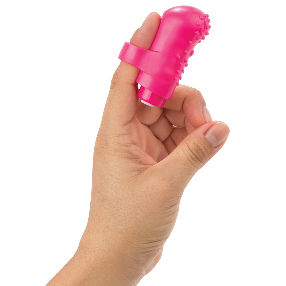 This mini finger vibrator is textured for more stimulation & has 10 deep Vooom vibration modes for solo or partnered pleasure. Pink (2)