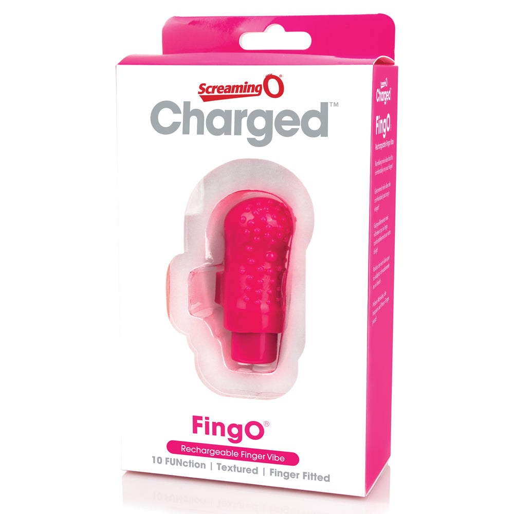 This mini finger vibrator is textured for more stimulation & has 10 deep Vooom vibration modes for solo or partnered pleasure. Pink - package.