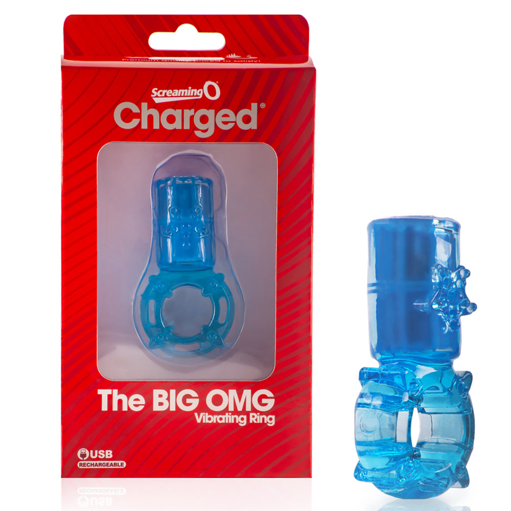 Screaming O Charged - The Big OMG Vibrating Ring has a vertical vibrating motor for maximum clitoral contact w/ 3 thrilling vibration speeds & a pulse pattern to please both partners. Blue-package. (2)