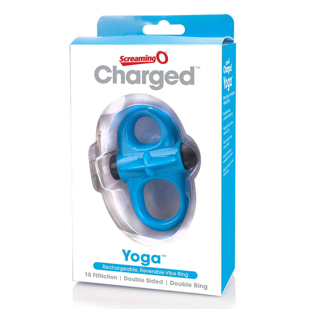 Screaming O - Charged™ Yoga™ Cockring is super stretchy to bend & stretch with every move. The reversible design offers 2 ways to wear for 2 stimulating textures. Blue-package.