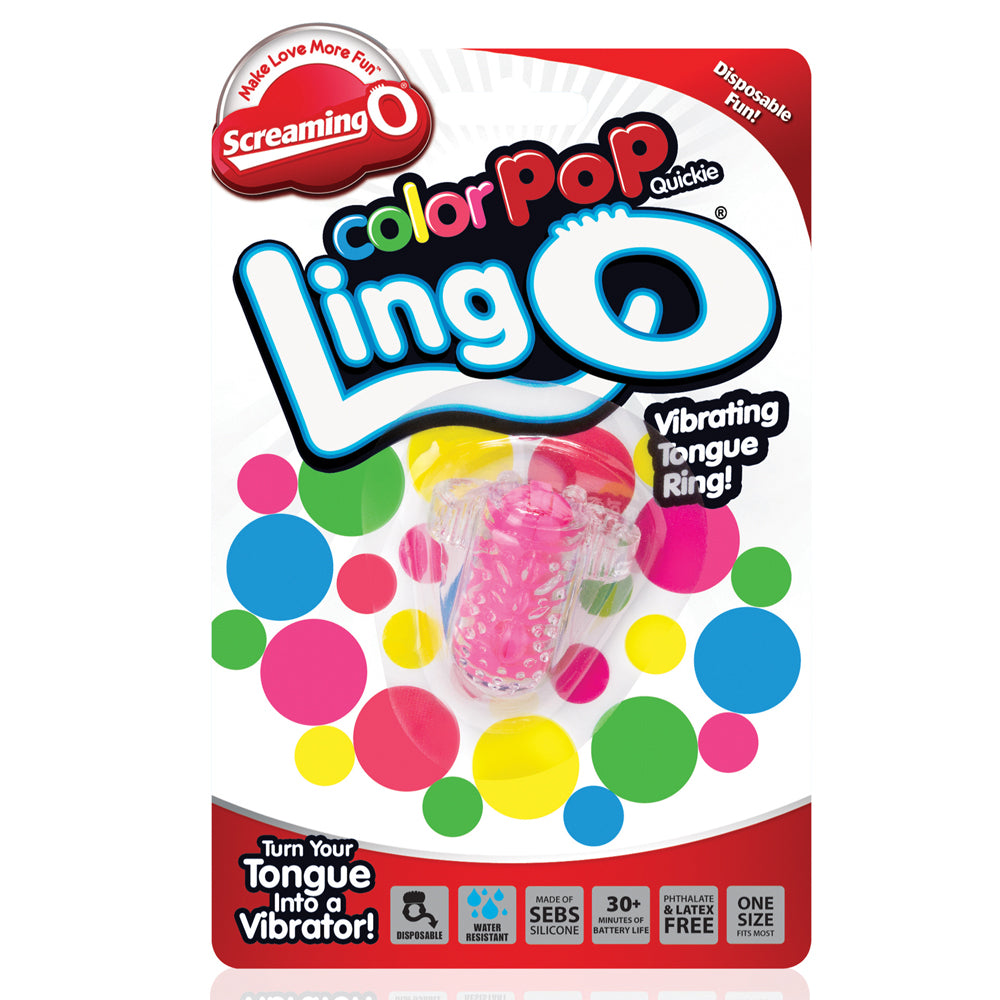 Screaming O® - ColorPoP Quickie LingO® Vibrating Tongue Ring - disposable tongue vibrator enhances oral sex with 30+ minutes of micro motor vibrations, with an ergonomic flat & stretchy ring to fit tongues comfortably. Pink, package.