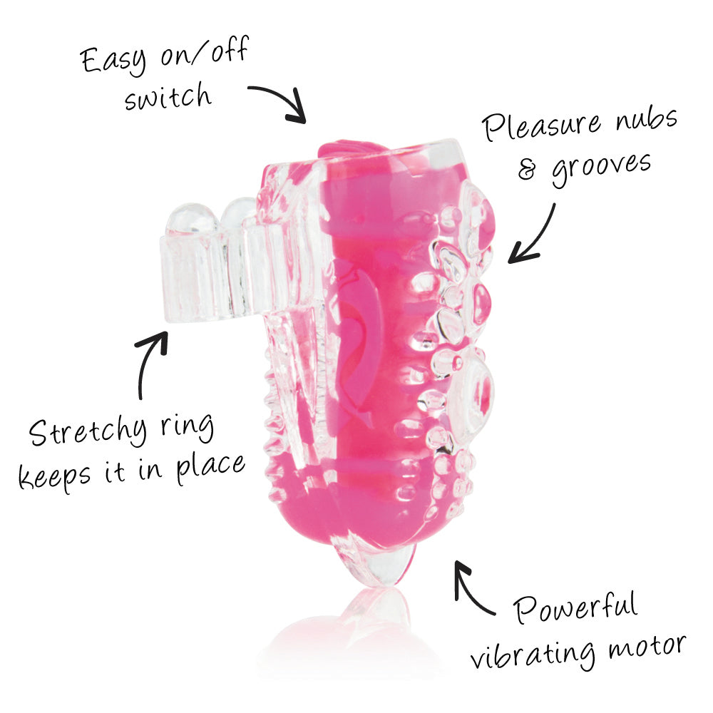 Screaming O® - ColorPoP Quickie LingO® Vibrating Tongue Ring - disposable tongue vibrator enhances oral sex with 30+ minutes of micro motor vibrations, with an ergonomic flat & stretchy ring to fit tongues comfortably. Pink -specs.