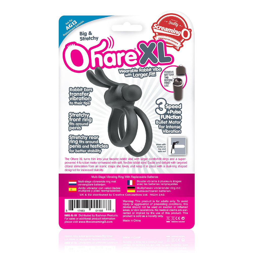 Screaming O Ohare XL is a vibrating cockring with clitoral bunny ears for her & a large double-ring design. Black, back of package
