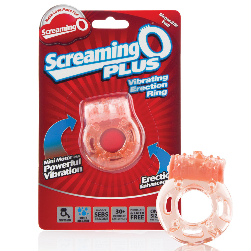 Screaming O Plus Disposable Vibrating Cockring for Couples - w/ vibrating micro motor w/ clitoral pleasure ticklers. package