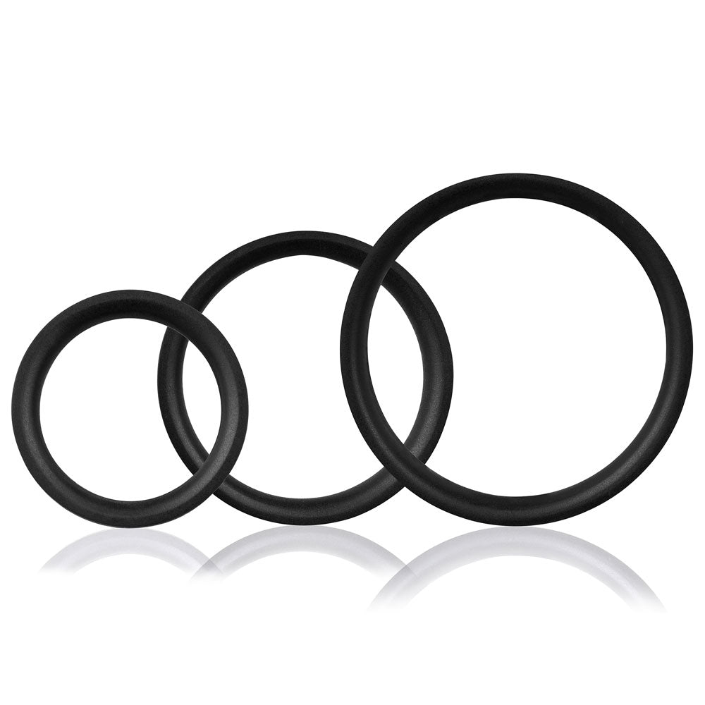 Screaming O RingO Pro x3 Cockrings - 3-pack includes the L, XL & XXL RingO Pro cockrings with wide flat designs. Black 3