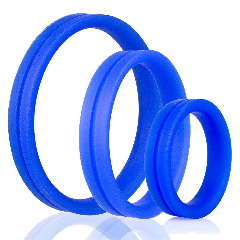Screaming O RingO Pro x3 Cockrings - 3-pack includes the L, XL & XXL RingO Pro cockrings with wide flat designs. Blue
