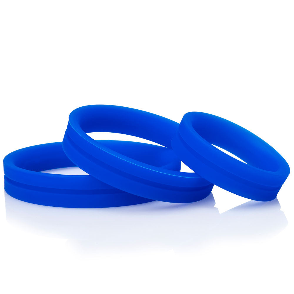 Screaming O RingO Pro x3 Cockrings - 3-pack includes the L, XL & XXL RingO Pro cockrings with wide flat designs. Blue 2