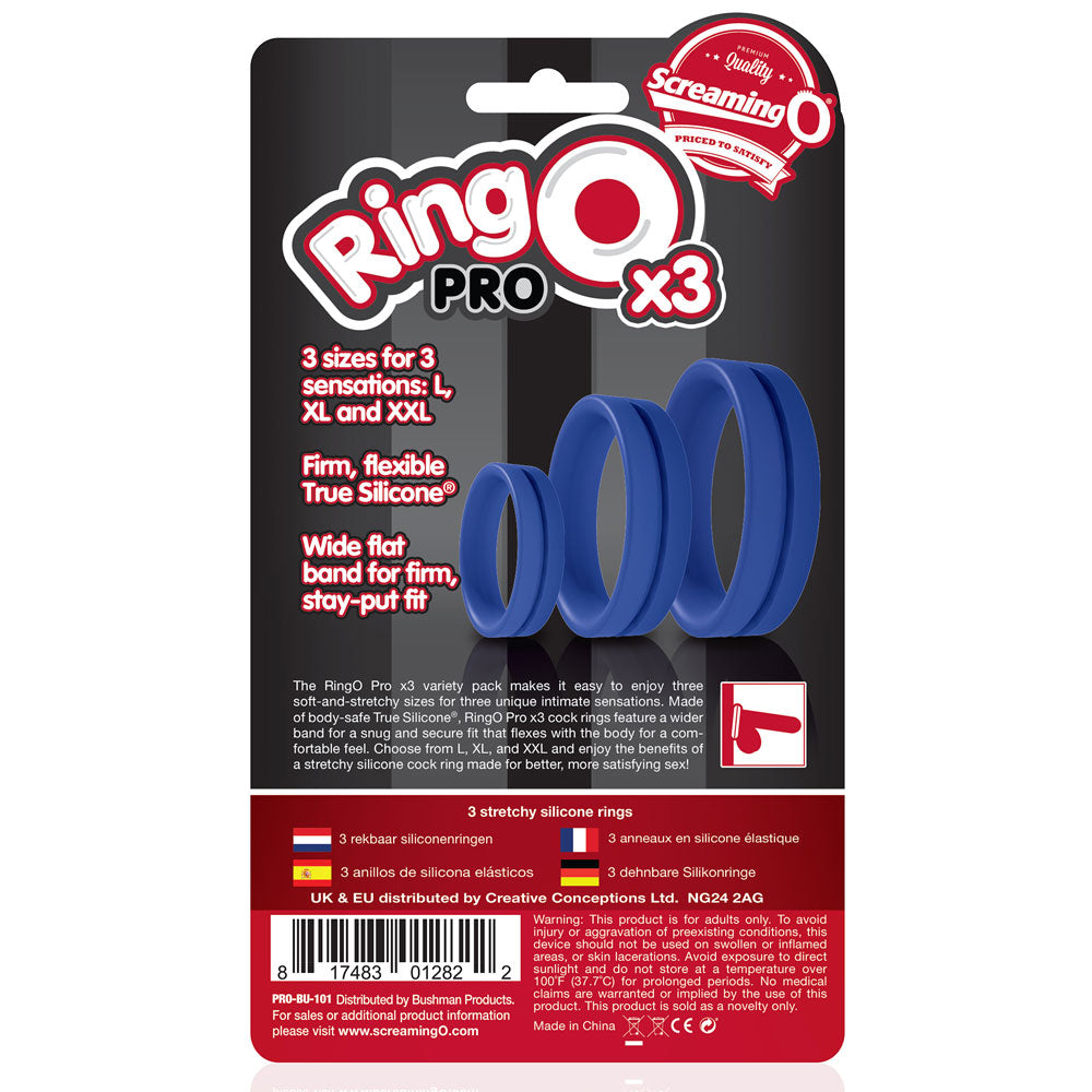 Screaming O RingO Pro x3 Cockrings - 3-pack includes the L, XL & XXL RingO Pro cockrings with wide flat designs. Blue, info on pack