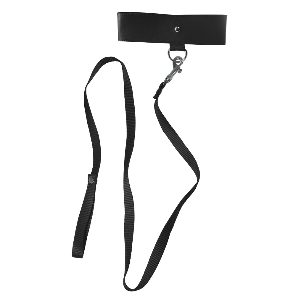Sex & Mischief Black Leash & Collar. Lead your sub around like an obedient pet w/ this minimalistic black BDSM accessory! Includes a nylon leash & collar w/ adjustable velcro closure. 