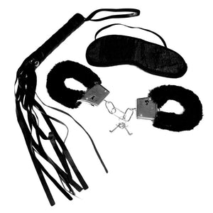Sex & Mischief Intro to S&M Kit With Cuffs, Flogger & Blindfold. This beginner-friendly BDSM kit includes fluffy handcuffs, a flogger & a soft black satin blindfold for all your sadomasochism needs.