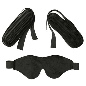 Sex & Mischief Our First Bondage Kit comes w/ 4 plush wrist/ankle cuffs, each attached to its own long tether & a velvety-soft blindfold.