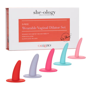 Pink, Purple, Red & Blue She-ology 5-Piece Wearable Vaginal Dilator Set For Women's Pelvic Floor Health & Elasticity, 5 dilators in gradually increasing sizes.