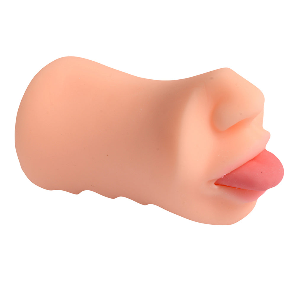 Shequ Oral Sex Super-Stretchy Male Masturbator Sleeve has a sculpted nose, lips & outstretched tongue + unique S-shaped texture inside for awesome stimulation.