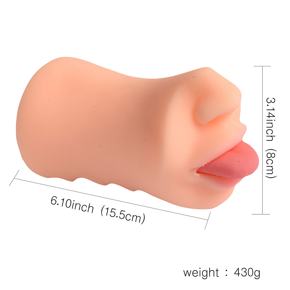Shequ Oral Sex Super-Stretchy Male Masturbator Sleeve has a sculpted nose, lips & outstretched tongue + unique S-shaped texture inside for awesome stimulation. Dimension.