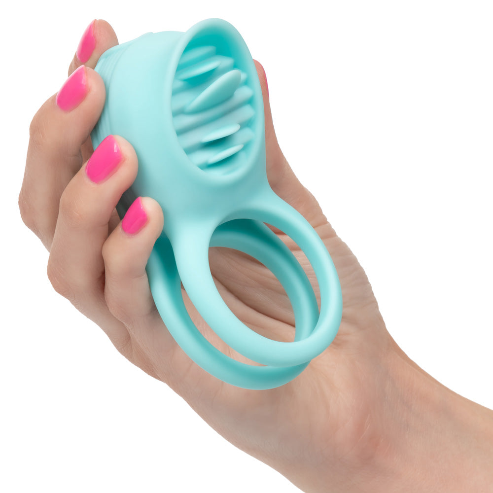 Silicone rechargeable french kiss enhancer fits around his shaft + testicles & has a 12-mode vibrating clitoral stimulator w/ 4 tongue teasers to please her. Hand