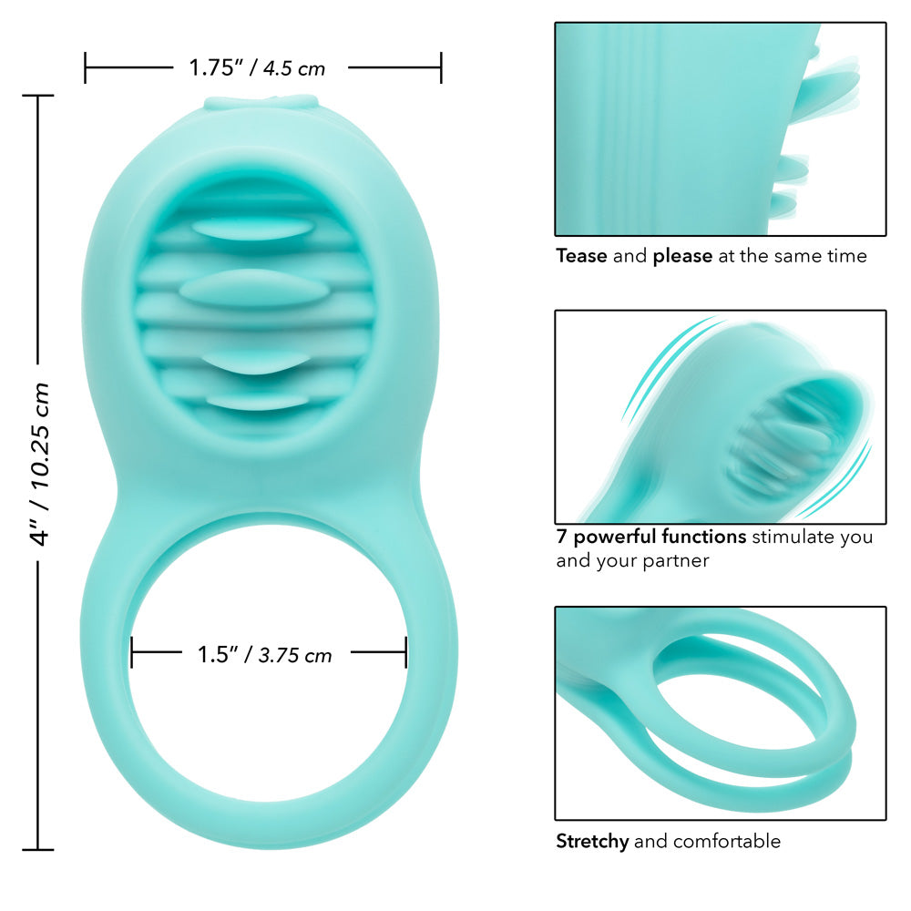 Silicone rechargeable french kiss enhancer fits around his shaft + testicles & has a 12-mode vibrating clitoral stimulator w/ 4 tongue teasers to please her.  Details