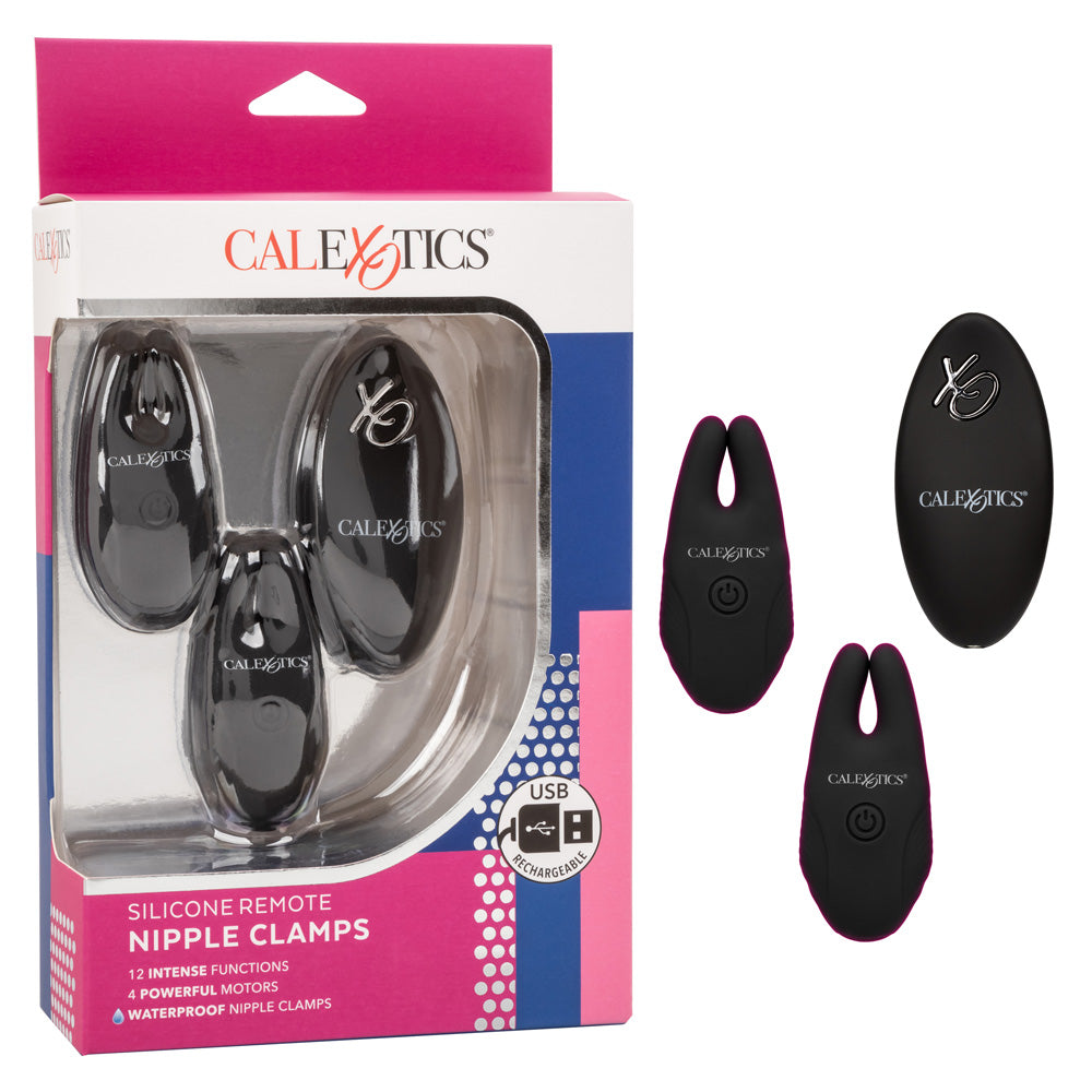 These wireless nipple clamps pinch you w/ pleasure & have 12 independently controlled vibration modes that you can activate with or w/out the remote. Black - box