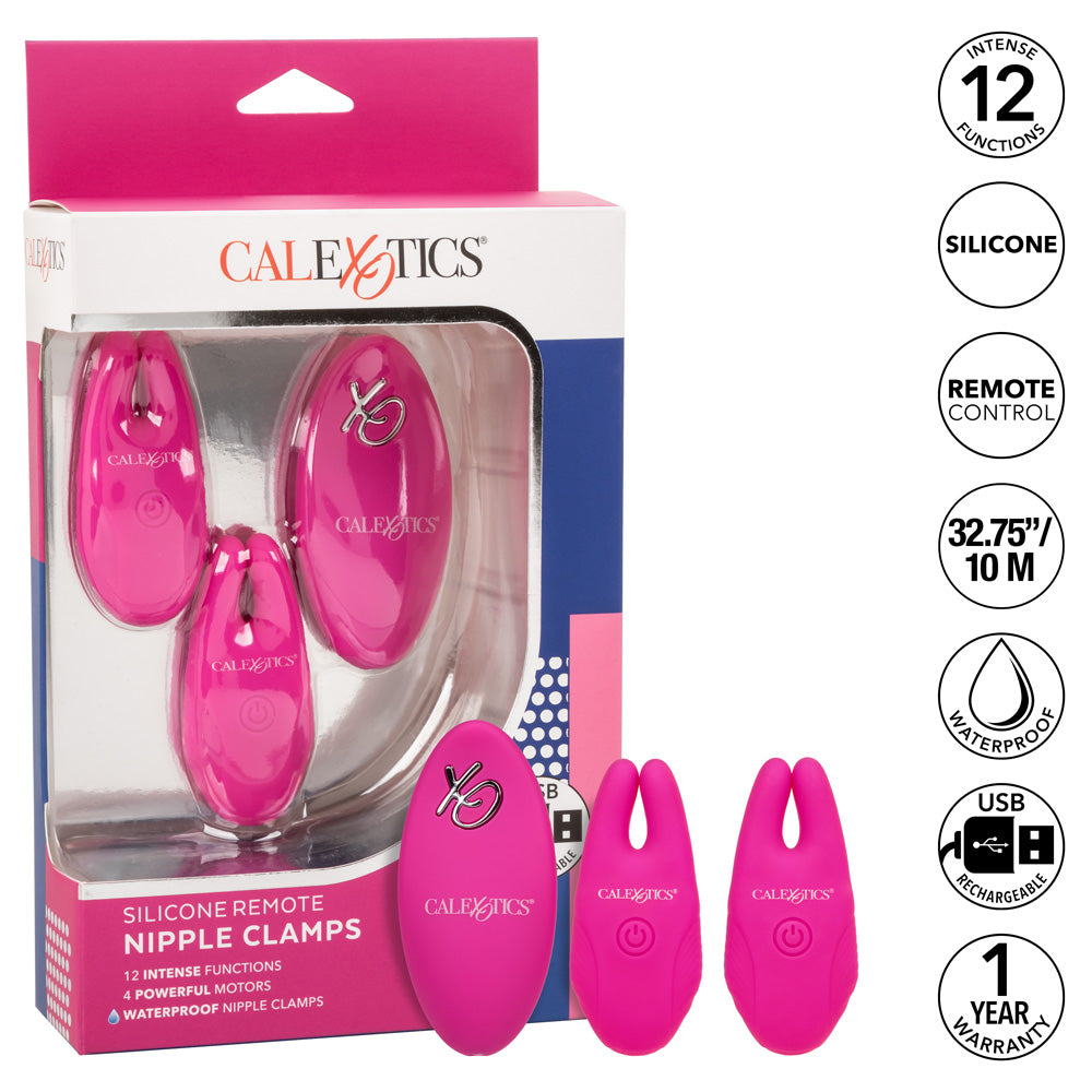 These wireless nipple clamps pinch you w/ pleasure & have 12 independently controlled vibration modes that you can activate with or w/out the remote. Pink - features