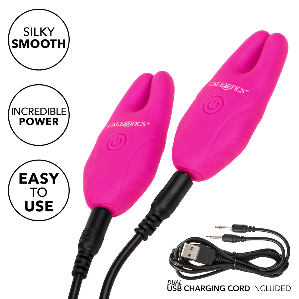 These wireless nipple clamps pinch you w/ pleasure & have 12 independently controlled vibration modes that you can activate with or w/out the remote. Pink - USB charger