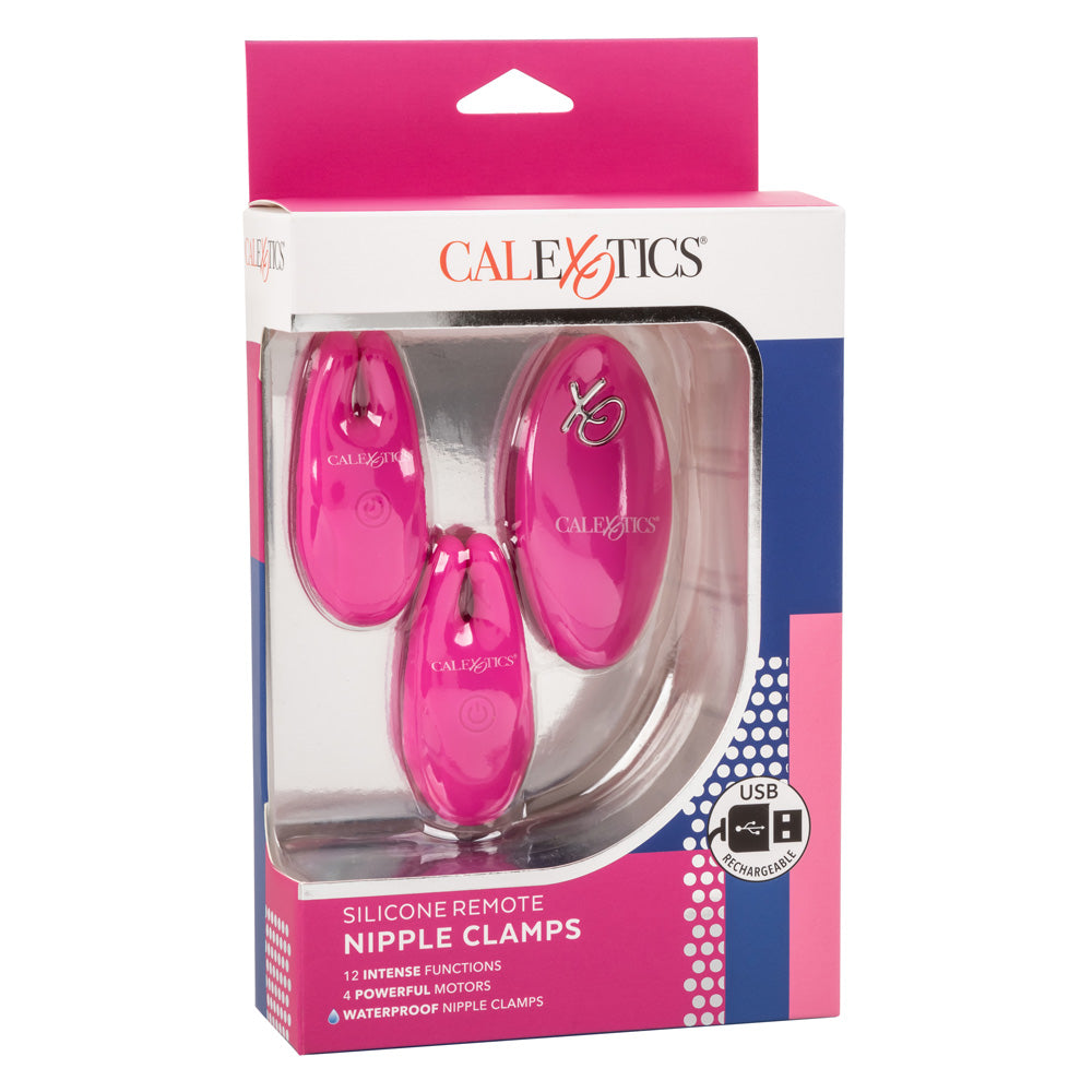 These wireless nipple clamps pinch you w/ pleasure & have 12 independently controlled vibration modes that you can activate with or w/out the remote. Pink - box