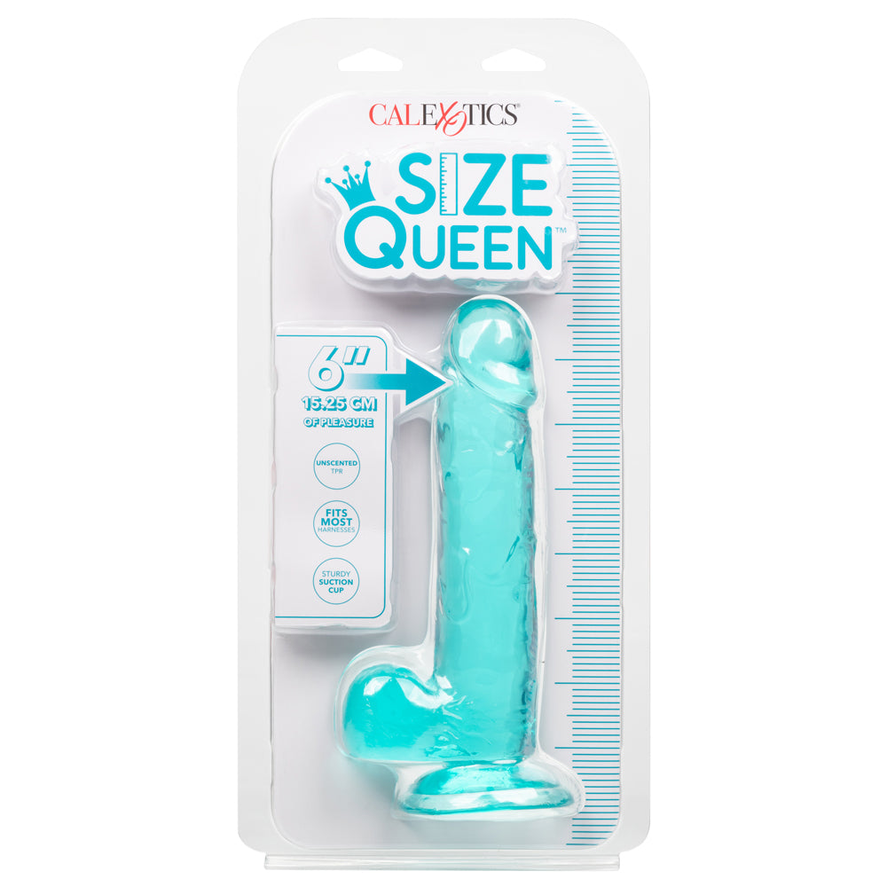 California Exotics Size Queen 6" Dildo w/ Suction Cup Base - firm & flexible 6" dong has a realistic phallic head & veiny shaft with a harness-compatible suction cup. Blue, package