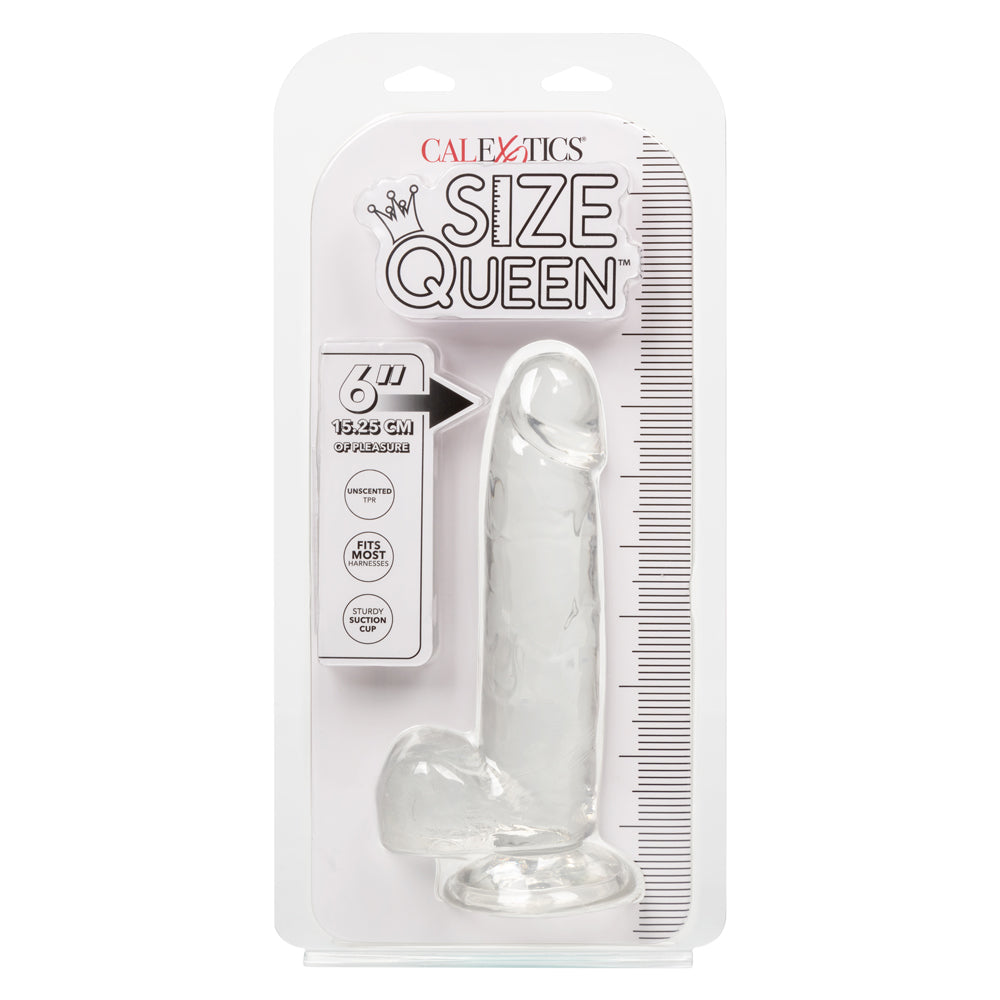 California Exotics Size Queen 6" Dildo w/ Suction Cup Base - firm & flexible 6" dong has a realistic phallic head & veiny shaft with a harness-compatible suction cup. Clear, package