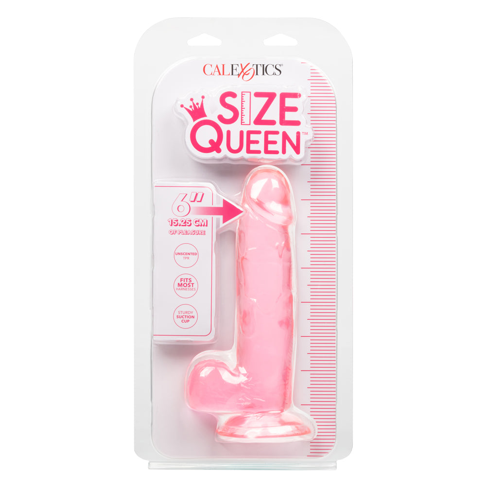 California Exotics Size Queen 6" Dildo w/ Suction Cup Base - firm & flexible 6" dong has a realistic phallic head & veiny shaft with a harness-compatible suction cup. Pink, package