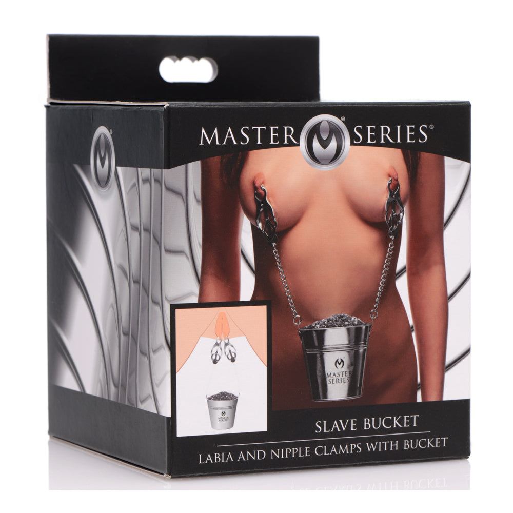 Master Series - Slave Bucket With Labia & Nipple Clamps - bucket hangs from 2 chains that clamp onto your sub's nipples or labia while you add weight to test their pain limits. box