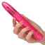 Sparkle 3-Speed Waterproof Slim Vibe has a long, slender body & a tapered tip w/ 3 vibration speeds to enjoy in a fun glittery body. Pink-on hand.