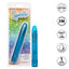 Sparkle 3-Speed Waterproof Slim Vibe has a long, slender body & a tapered tip w/ 3 vibration speeds to enjoy in a fun glittery body. Blue-package & features. 