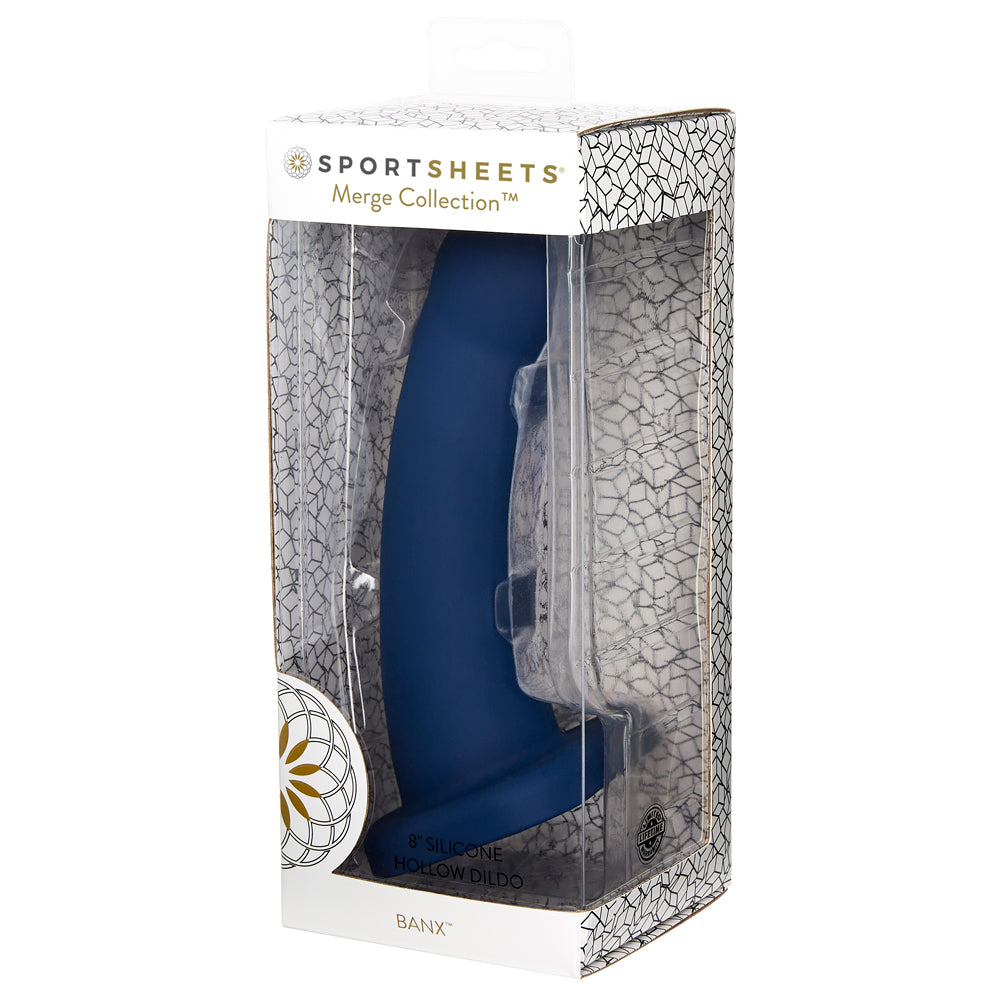 Sportsheets Banx 8" Hollow Silicone Sheath Dildo can be used as a dildo, strap-on, penis extender, or even house a vibrating toy for versatile pleasure. Package.