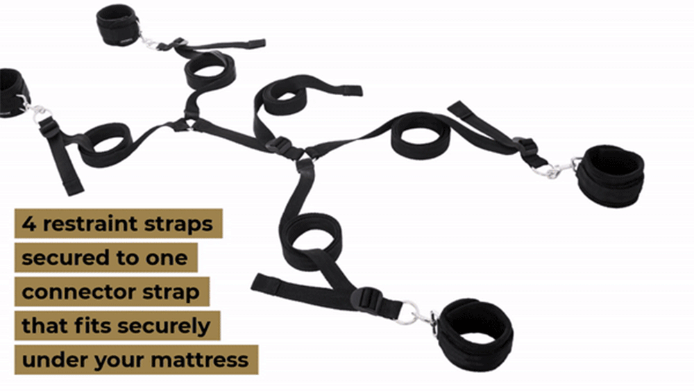 Sportsheets Under The Bed Restraint System includes 4 Velcro cuffs, 4 restraint straps & a connector strap that adjust to fit any mattress. GIF.