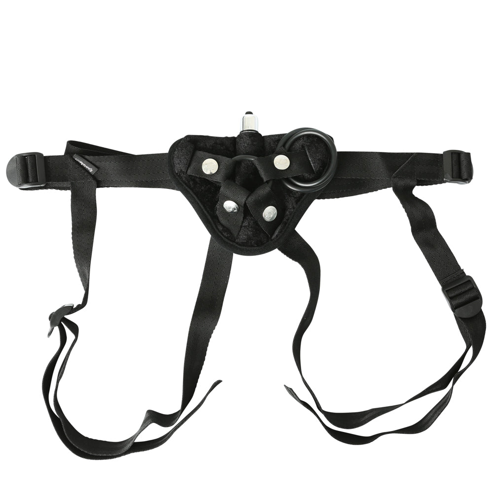 Sportsheets Velvet Strap-On Harness With Bullet Vibrator has a velvety-soft interior lining & includes 3 interchangeable O-rings + a bullet vibrator for her clitoris to enjoy. (2)
