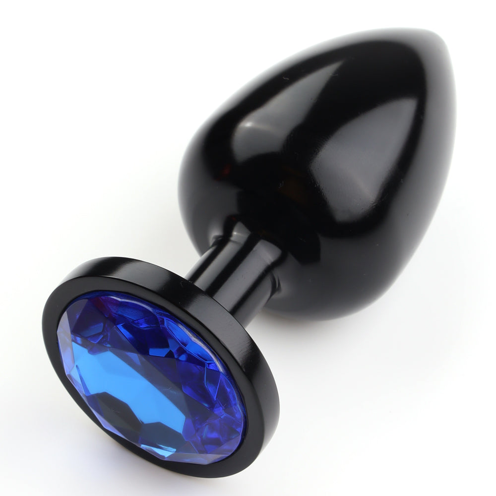Seamless Metal Starting Butt Plug With Round Gem - Small - beginner-friendly & has a round crystal gem base that makes your booty look cute & glamorous. black plug, blue gem