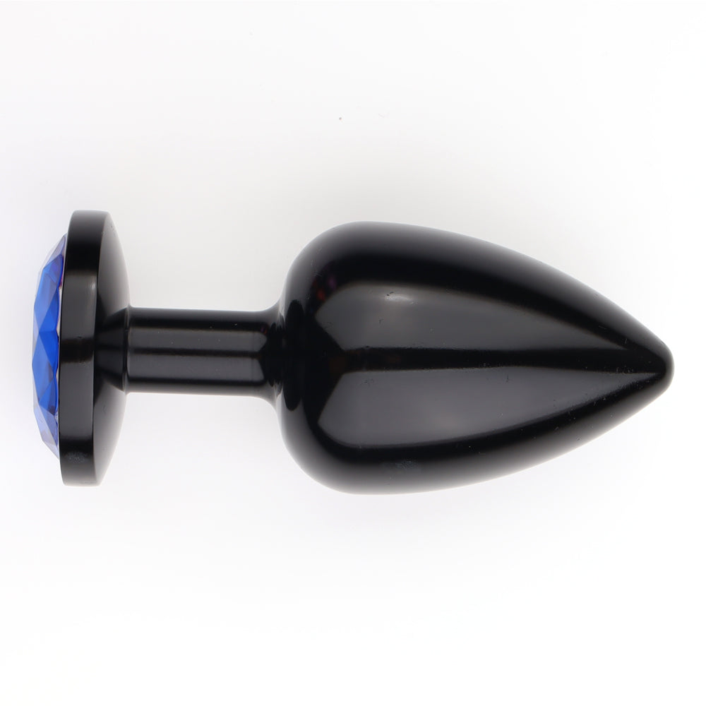 Seamless Metal Starting Butt Plug With Round Gem - Small - beginner-friendly & has a round crystal gem base that makes your booty look cute & glamorous. black plug, blue gem 3