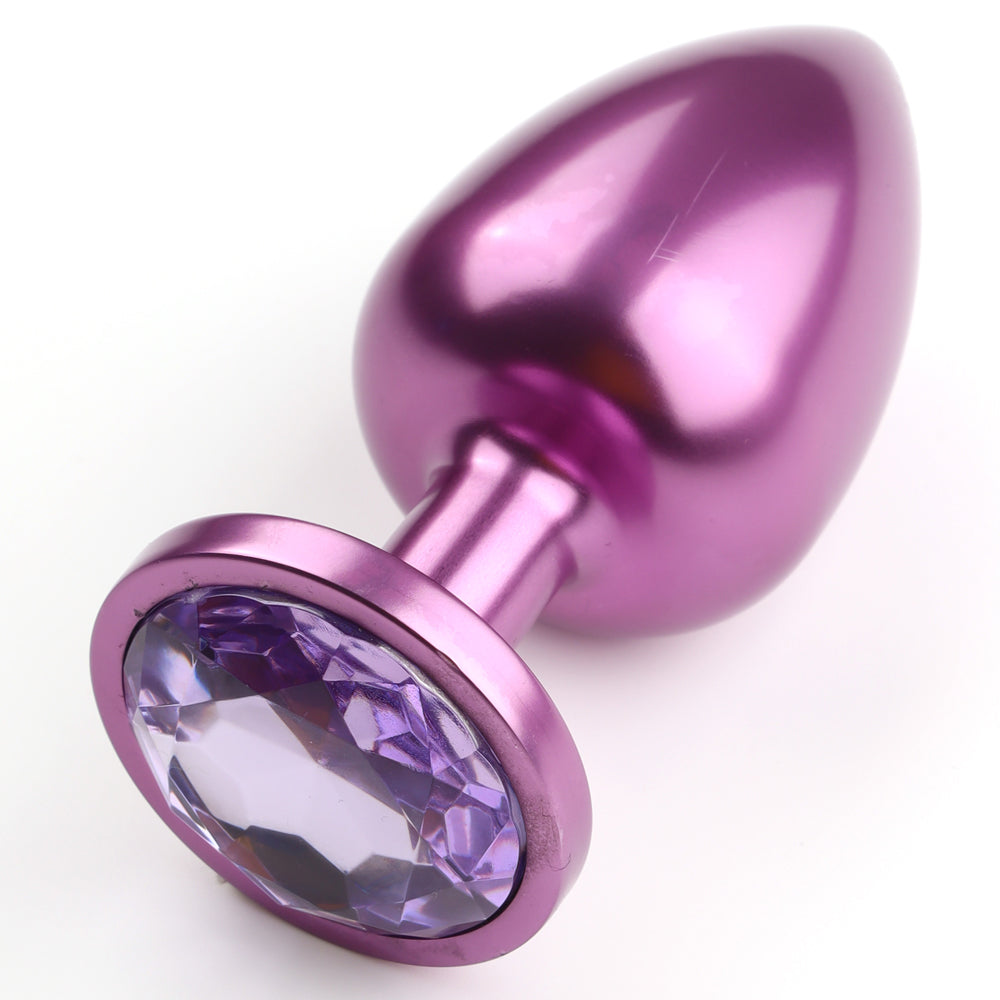 Seamless Metal Starting Butt Plug With Round Gem - Small - beginner-friendly & has a round crystal gem base that makes your booty look cute & glamorous. purple plug, violet gem
