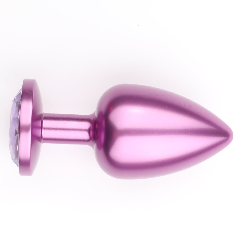 Seamless Metal Starting Butt Plug With Round Gem - Small - beginner-friendly & has a round crystal gem base that makes your booty look cute & glamorous. purple plug, violet gem 3