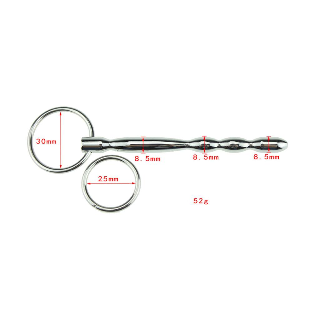 Solid Stainless Steel Urethral Sound With Interchangeable Rings - solid bulbous urethral sound provides a rippling sensation as you use either O-ring to push & pull the sound in & out. size details