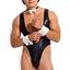 This sexy men's costume comes w/ a plunging cheeky-cut bodysuit, bowtie collar, French wrist cuffs & bunny ears + a tail.