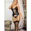 Sunspice Wet Look Corset Bustier, G-String & Stockings Set -  3-piece lingerie set comes w/ a metallic black lycra gartered bustier w/ corset-style lacing & thong + thigh-high fishnet stockings. (5)