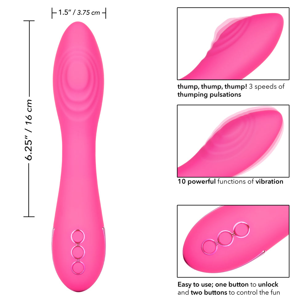 California Dreaming - Surf City Centerfold - vibrator has 3 thumping pulsation intensities & 10 vibration modes in its bulbous, ridged G-spot head, plus a Power Boost for ultimate G-spot pleasure. Pink 9
