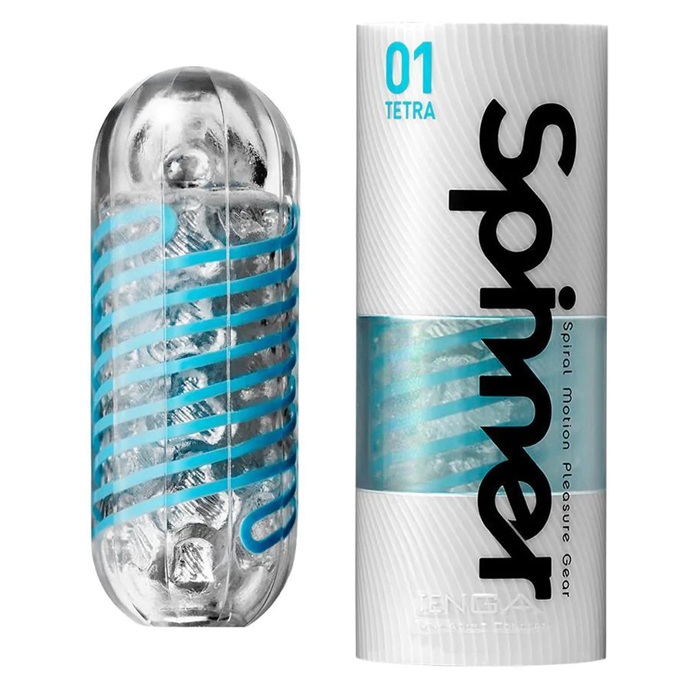 Tenga Spinner Twisting Masturbator - Tetra Texture is textured w/ mild, ridged tiles + an internal coil that twists around you as you stroke, surrounding you with 360° pleasure. Package.