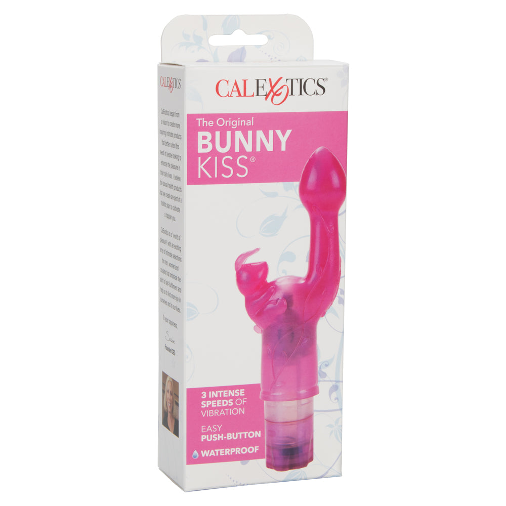  The Original Bunny Kiss Rabbit Vibrator offers dual stimulation with its insertable internal G-spot head & bunny-shaped clitoral stimulator. Pink. Package.