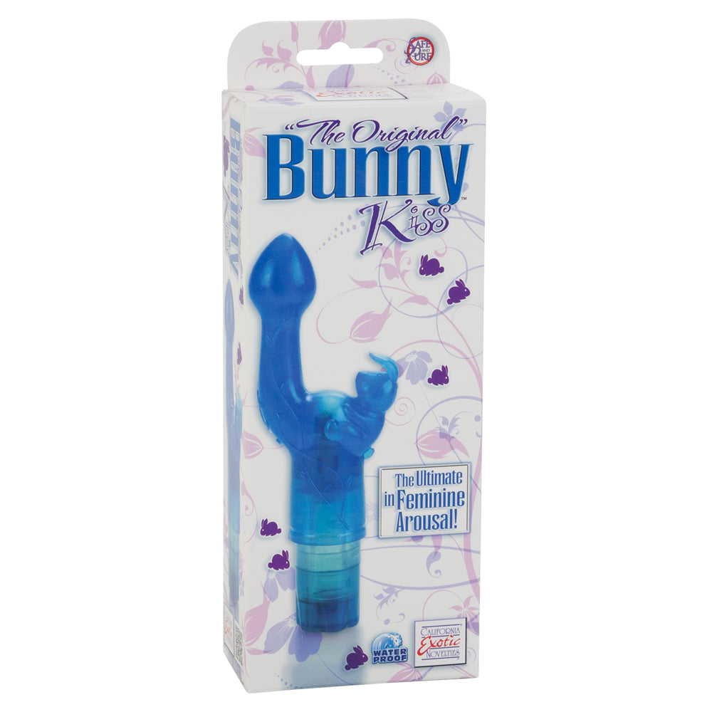  The Original Bunny Kiss Rabbit Vibrator offers dual stimulation with its insertable internal G-spot head & bunny-shaped clitoral stimulator. Blue. Package.